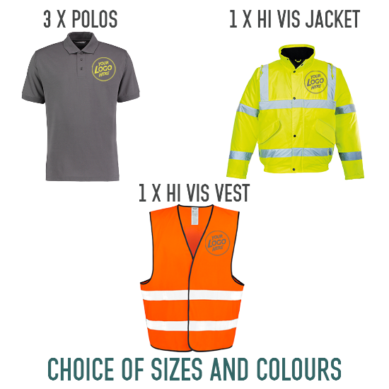 Picture of 3 x Kustom Kit Classic Polo, 1 x Portwest Hi Vis Bomber, 1 x Hi Vis Vest